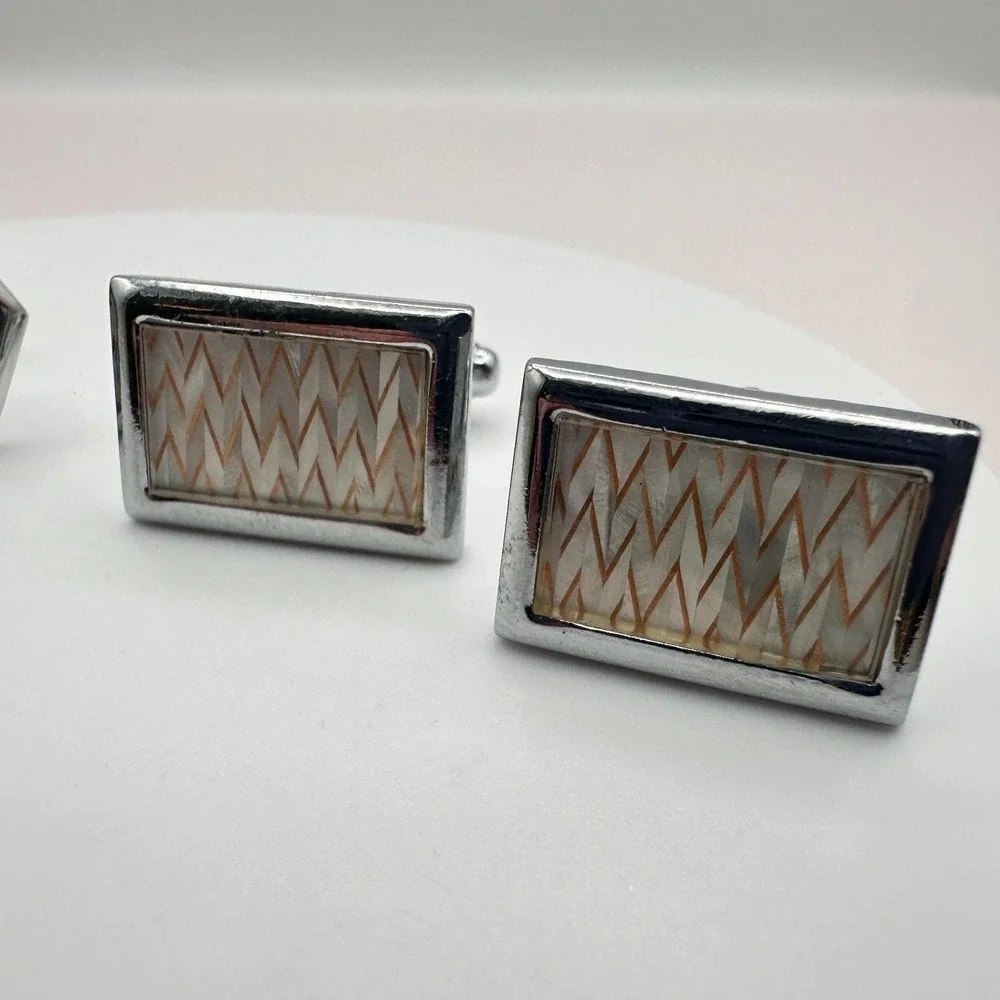 Vintage 60s Mid-Century Silver Tone Cufflink Set Geometric Glass Inlay‎ Jewelry